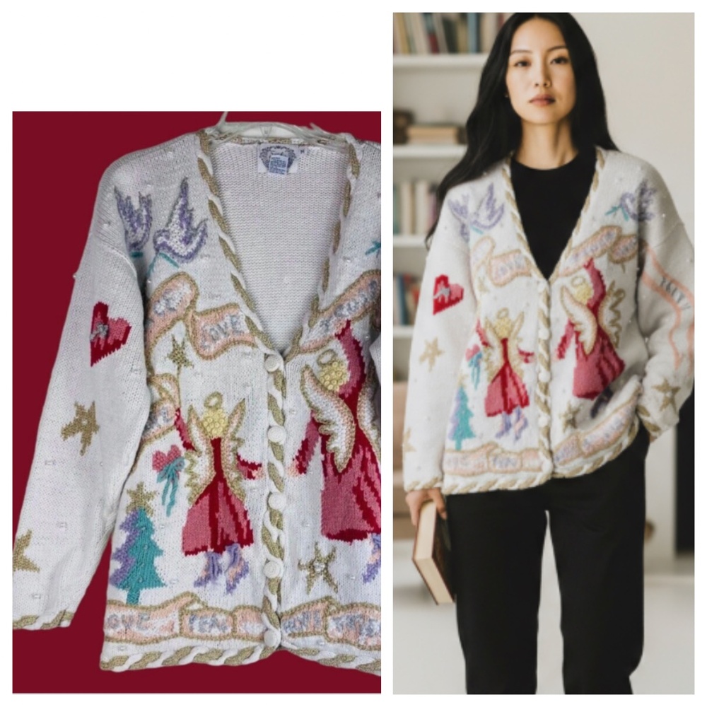 Vtg Stitches In Time QVC Medium Oversize Cardigan Sweater Angels Christmas